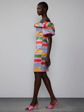 NY& CO OFF THE SHOULDER RUFFLE STRIPE MINI DRESS